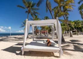 Letto a baldacchino bianco con teli di cotone mossi dal vento e cuscini dai motivi etnici colorati, posato sulla sabbia chiara di una spiaggia tropicale all'ombra delle palme da cocco; sullo sfondo il mare blu e altri lettini relax allineati lungo la battigia.