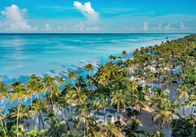 Veduta aerea panoramica del resort Diamonds Mapenzi Beach a Zanzibar, che mostra i bungalow bianchi immersi in un fitto palmeto tropicale lungo una spiaggia di sabbia chiara e le ampie sfumature turchesi dell'oceano Indiano sotto un cielo azzurro.