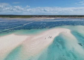 Foto aerea scattata con drone che mostra una magnifica lingua di sabbia bianca che emerge dal mare cristallino di Watamu durante la bassa marea, con piccoli gruppi di turisti che camminano sulla sabbia lambita da acque turchesi e trasparenti.
