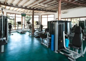 Palestra interna del resort con attrezzature multifunzione, tapis roulant e grandi vetrate che si affacciano sui giardini tropicali