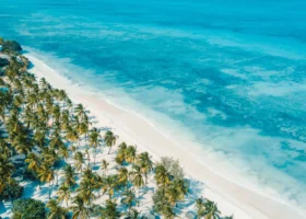 Veduta aerea ravvicinata dell'acqua cristallina e della sabbia bianca finissima della spiaggia del Karafuu Beach Resort a Zanzibar