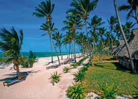Palme da cocco e prato all'inglese curato che costeggiano i bungalow con tetti in paglia del Karafuu Beach Resort lungo la spiaggia bianca