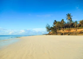 Veduta prospettica della spiaggia deserta di Diani Beach in Kenya. La sabbia dorata e finissima si estende a sinistra verso l'oceano calmo, mentre sulla destra la costa rialzata ospita il complesso del Kole Kole Beach Resort nascosto tra alberi tropicali e alte palme sotto un cielo terso.