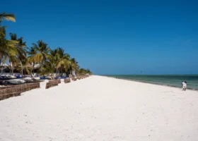 Lunga distesa di sabbia bianca sulla spiaggia del Watamu Beach Resort in Kenya, costeggiata da alte palme da cocco, lettini prendisole in legno e un mare tropicale dalle sfumature verde smeraldo sotto un cielo blu.