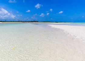Veduta panoramica della costa di Watamu di fronte al Watamu Beach Resort che mostra una lingua di sabbia bianca bagnata da un velo di acqua marina trasparente e cristallina, con il profilo del litorale tropicale in lontananza.