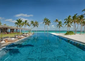 Lunga piscina a sfioro dal mosaico blu che si specchia tra file di palme da cocco, con lettini e ombrelloni sul deck da un lato e la spiaggia di sabbia bianca dall'altro, affacciata sulla laguna turchese e sull'oceano. Alila Kothaifaru Maldives, Isola di Kothaifaru, Atollo di Raa.