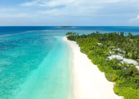 Veduta aerea della lunga spiaggia di sabbia bianca che costeggia il fitto palmeto dell'isola, con le ville dai tetti piatti immerse nella vegetazione e l'acqua che sfuma dal turchese chiaro al blu profondo oltre la barriera corallina. Alila Kothaifaru Maldives, Isola di Kothaifaru, Atollo di Raa.