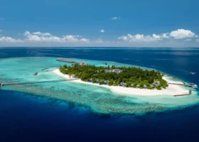Veduta con drone dell'intera isola di Maagau circondata dalla barriera corallina e dalla laguna turchese, con la fila di ville overwater, il fitto palmeto, la spiaggia bianca e un idrovolante in avvicinamento sull'oceano blu. Atollo di Dhaalu, Maldive.