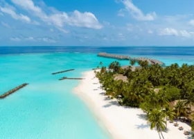 Veduta aerea della spiaggia di sabbia bianca finissima orlata da un fitto palmeto, con le ville overwater che si allungano nella laguna turchese e i frangiflutti in roccia affioranti; oltre la barriera corallina l'oceano blu profondo. Maagau, Atollo di Dhaalu, Maldive.