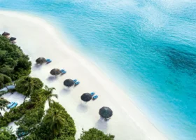 Veduta aerea della spiaggia di sabbia bianca orlata di palme, con ombrelloni dal tetto in strame e lettini blu allineati lungo la battigia mentre l'acqua sfuma dal turchese chiaro al blu intenso. Four Seasons Kuda Huraa, Atollo di Malé Nord, Maldive.