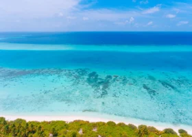 Veduta aerea della laguna che sfuma dal bianco della sabbia al turchese e al blu profondo dell'oceano, con le macchie scure della barriera corallina affiorante e la fascia di vegetazione tropicale in primo piano. Kandima Maldives, Isola di Kandima, Atollo di Dhaalu, Maldive.