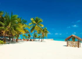 Ampia spiaggia di sabbia bianca finissima dell'isola di Dhiggiri, nell'atollo di Vaavu alle Maldive, con palme da cocco inclinate sulla battigia, cielo azzurro intenso e laguna turchese dell'Oceano Indiano; a sinistra le sedute e il ristorante all'ombra delle palme, a destra un gazebo in pietra corallina con copertura in makuti.