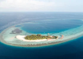 Veduta aerea dell'isola di Maayafushi circondata da un ampio anello di barriera corallina, con la sabbia bianca e la fitta vegetazione tropicale al centro, immersa tra le acque turchesi della laguna e il blu profondo dell'atollo di Ari Nord (Alif Alif), Maldive, Oceano Indiano.