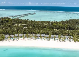Veduta aerea di una lunga fila di ville fronte spiaggia con tetti spioventi e piccole piscine turchesi, allineate sulla sabbia bianca tra una fitta vegetazione di palme da cocco, con il pontile delle ville overwater che si estende nella laguna sullo sfondo, la barriera corallina e l'oceano blu profondo a Nalaguraidhoo, Atollo di Ari Sud, Maldive.