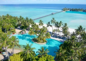 Veduta aerea della grande piscina a forma libera con isolotto centrale di palme da cocco, circondata da lettini e da una spiaggia bianca, con un lungo pontile in legno che attraversa la laguna turchese fino all'oceano profondo, presso Nalaguraidhoo, Atollo di Ari Sud, Maldive.